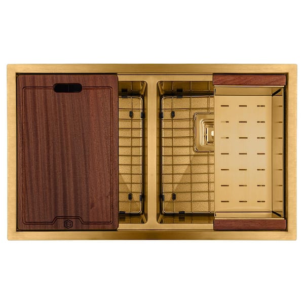 32 in. Undermount Double Bowl 16-Gauge Gold Leather Textured Stainless Steel Workstation Kitchen Sink with Accessories