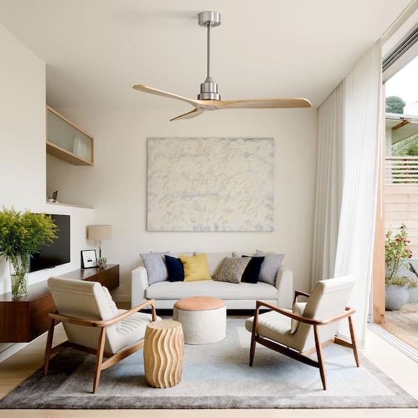 52 in. 6-Speed Indoor/Outdoor Silver Modern Ceiling Fan with 3 Carved Wood Fan Blades and Remote Control