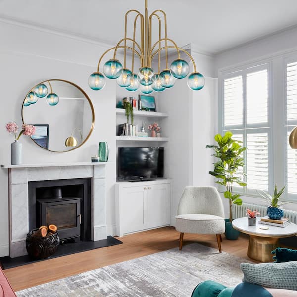 Erik 10-Light Gold Unique Modern Sputnik Elbow Chandelier for Dining Room with Bubble Globe Blue Glass Shades