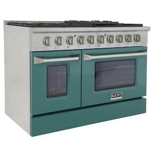 Pro-Style 48 in. 6.7 cu. ft. Double Oven Liquid Propane Range with 8 Burners in Stainless Steel and Green Oven Doors