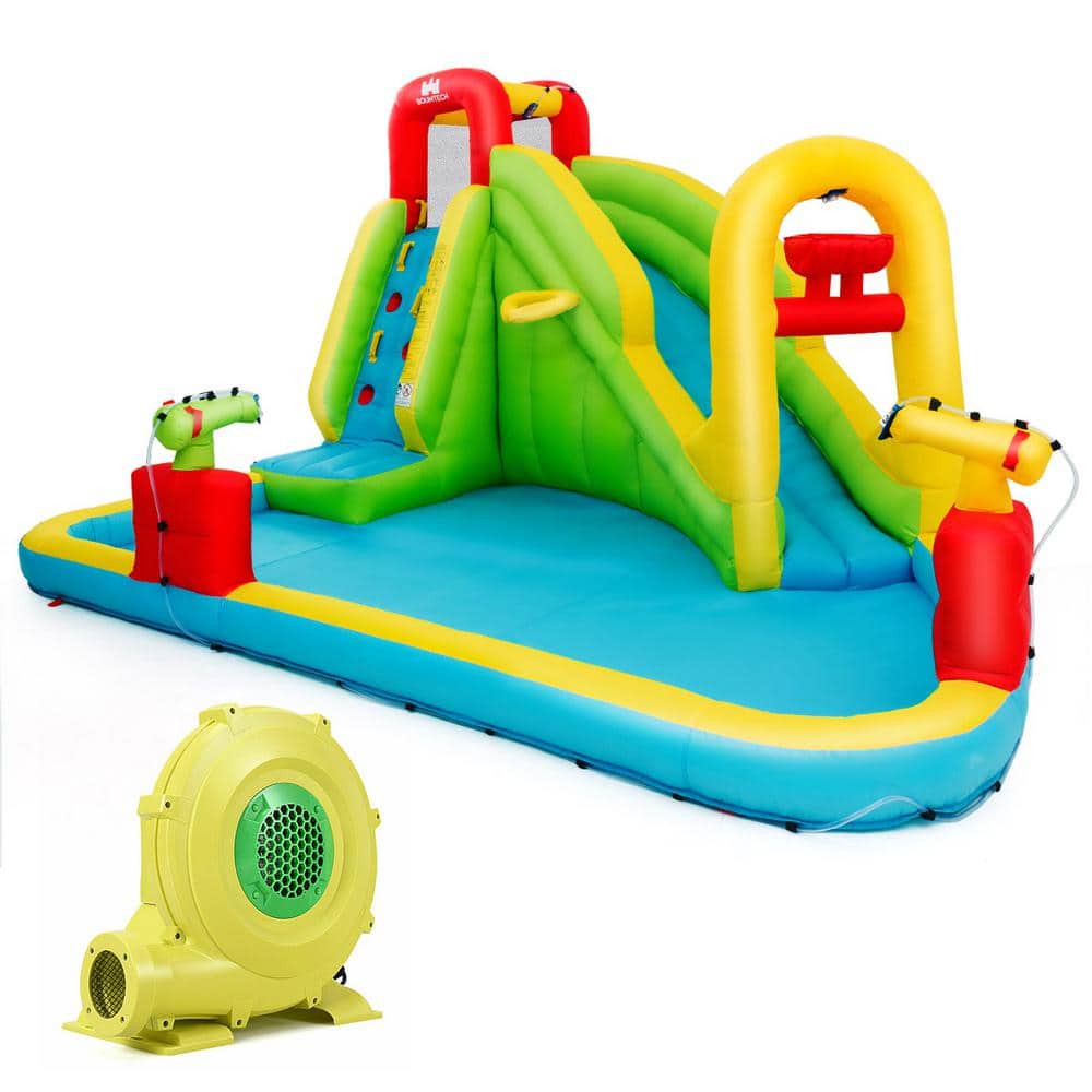 HONEY JOY Inflatable Water Slides Outdoor Blow Up Water Park for Backyard with 750w Blower Long Slides w/Arch Climbing Wall & Splash Pool 5 in 1 Kids Castle Bouncy House w/2 Water Cannons & Hose 