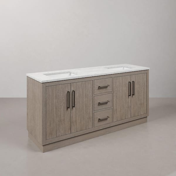 Hugo 72 in. W x 22 in. D x 34 in. H Double Sink Vanity in Grey Oak with White Marble Top and Mirror with White Basin