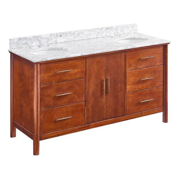 Southern Enterprises Grendley 62 in. W x 22 in. D Bath Vanity in Mahogany with Marble Vanity Top in Soft Gray with White Basin