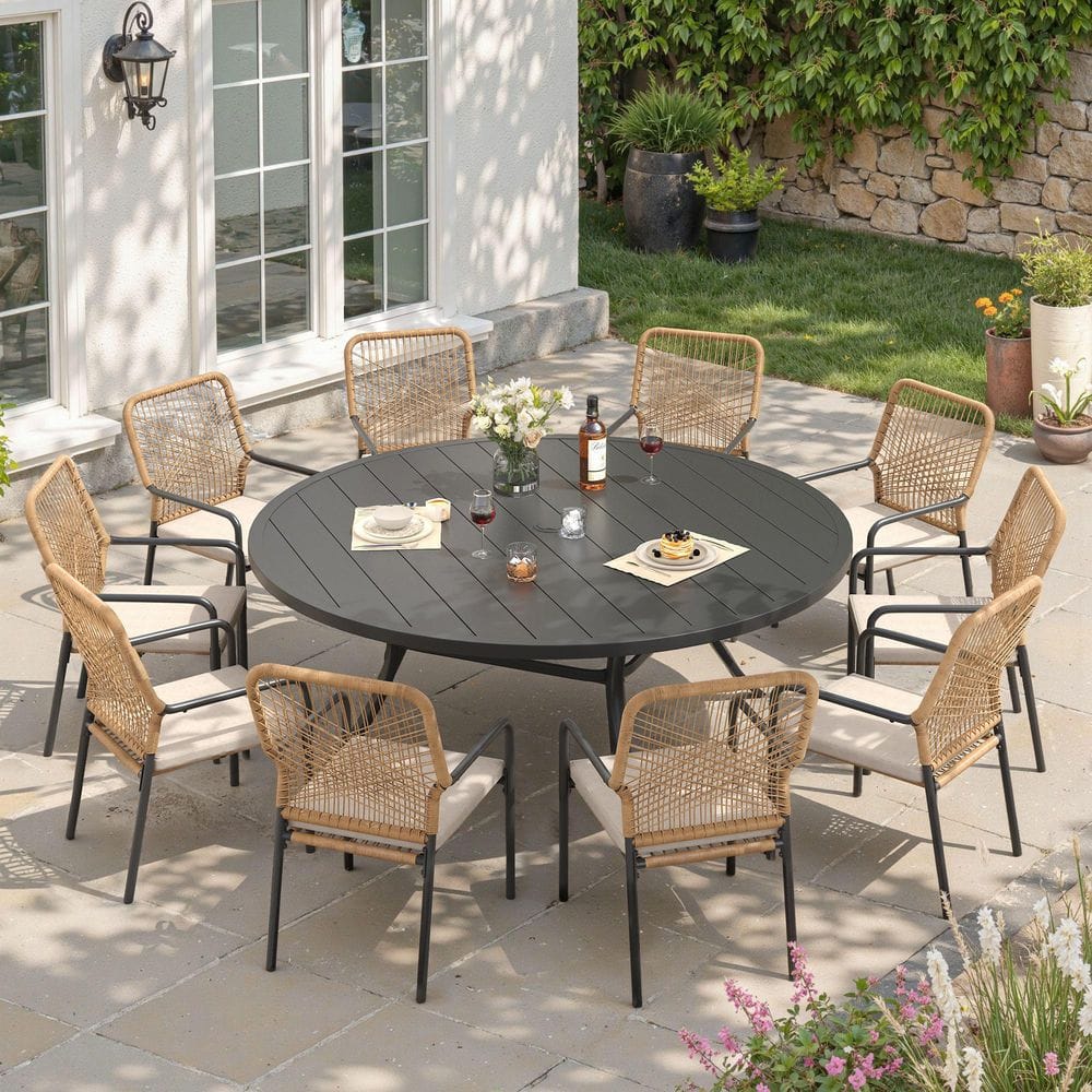 11-Piece Metal Outdoor Patio Dining Set with 63 in. Black Round Table and 10 Woven Rattan Chairs with Beige Cushions price history on PriceWatchPro