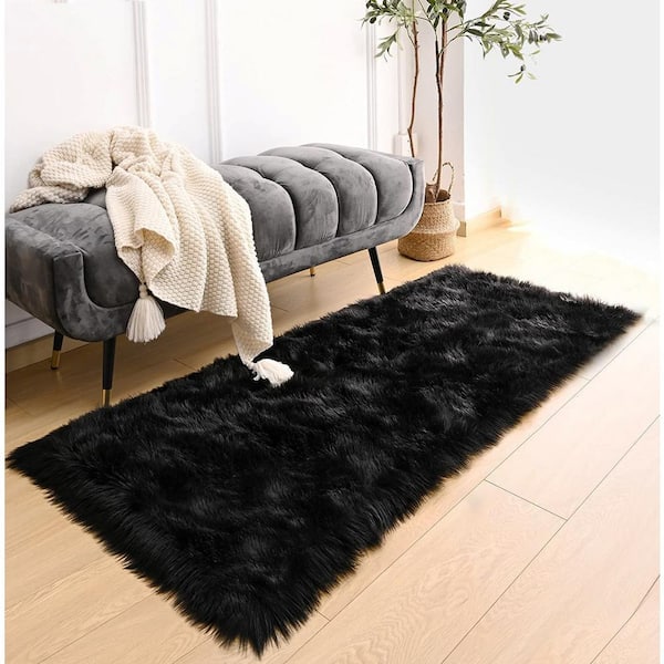 ブラッククロス　ミンク 毛皮 リアルファー b★ ラグ　敷物　インテリア iliebe Faux Sheepskin Fur Furry Black 2 ft. x 8 ft. Shaggy Fluffy