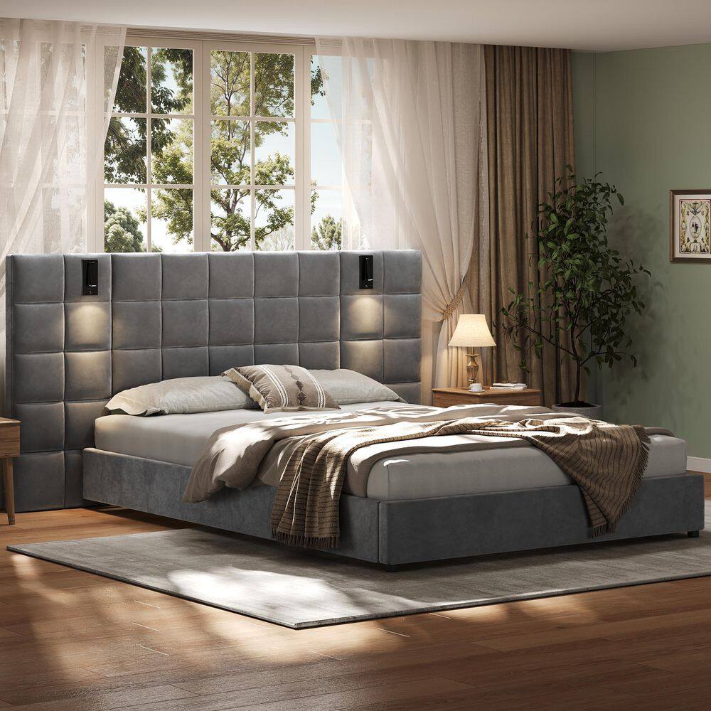 Svens Modern Gray Velvet Upholstered Wood Frame King Size Platform Bed with Headboard, Lamps and USB Ports - thumbnail 8