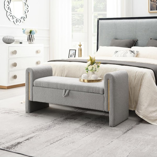 Noble House Lins Modern Upholstered Teddy Fabric Storage Ottoman Bench, Grey