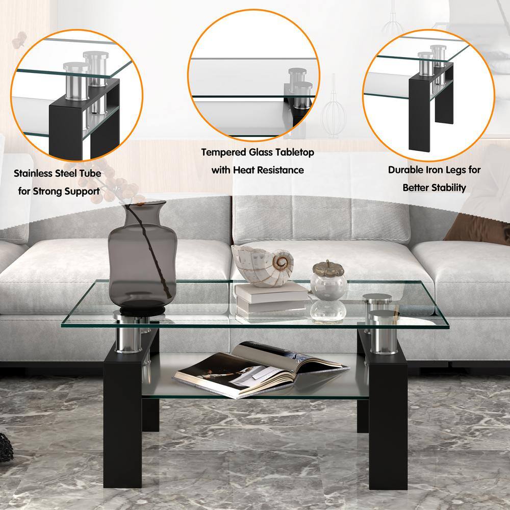 Modern Rectangular Glass Coffee Table with Black Metal Legs