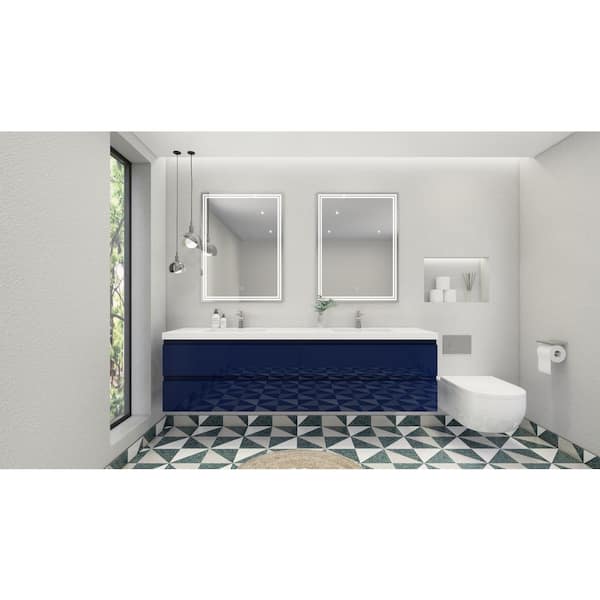 Moreno Bath Bohemia 84 in. W Bath Vanity in High Gloss Night Blue with Reinforced Acrylic Vanity Top in White with White Basins