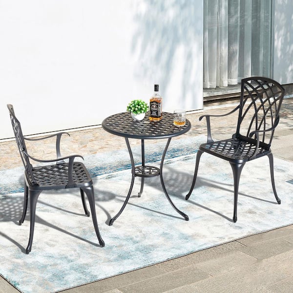3-Piece Cast Aluminum Outdoor Bistro Set Patio Furniture Table Set in Black