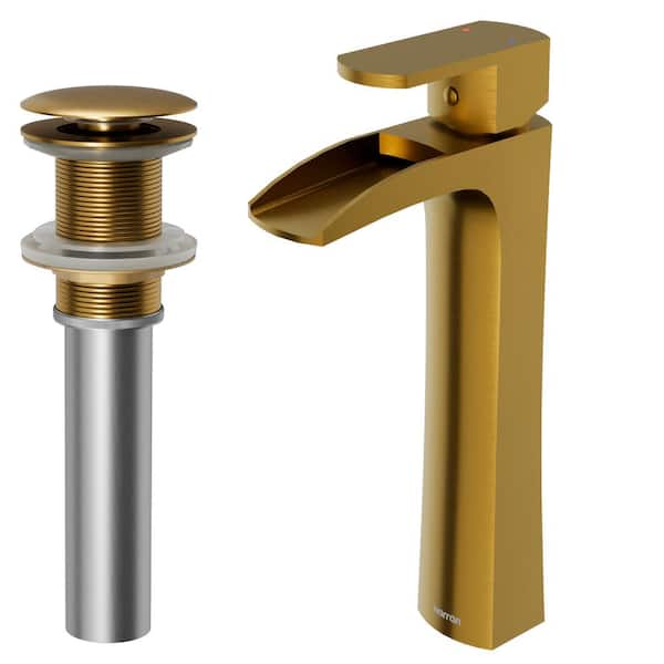 Karran Kassel Single-Handle Single-Hole Vessel Bathroom Faucet with Matching Pop-Up Drain in Gold