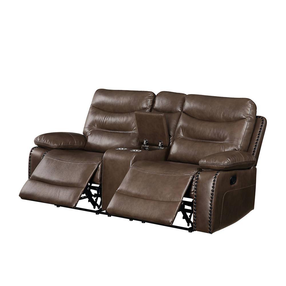 Aashi Brown Leather Tufted Reclining Loveseat with Storage Console