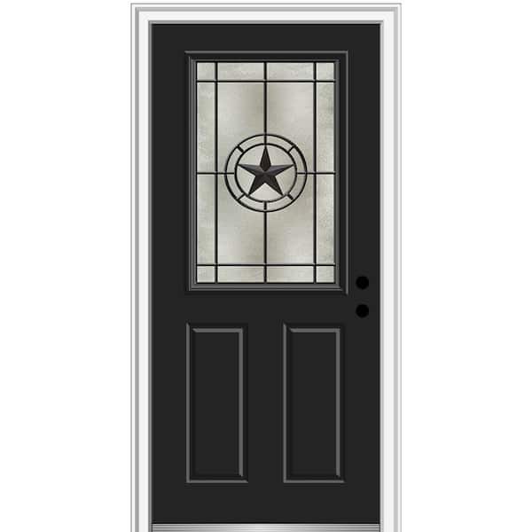 MMI Door Elegant Star 36 in. x 80 in. 2-Panel Left-Hand 1/2 Lite Decorative Glass Black Painted Fiberglass Prehung Front Door