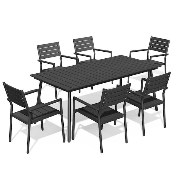 70 in. Black Aluminum Outdoor Dining Table with Umbrella Hole and Stackable Dining Chair (6-Pack)