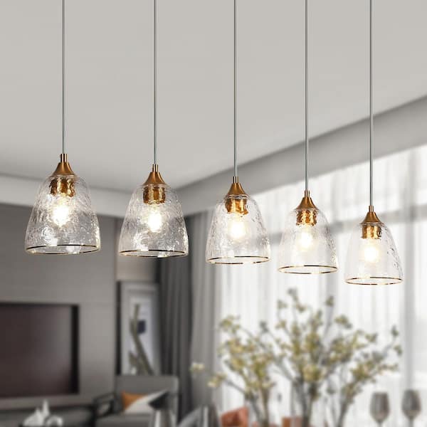Aurabe 5-Light Plated Brass Island Chandelier, Modern Contemporary Kitchen Dining Room Pendant Light with Textured Glass