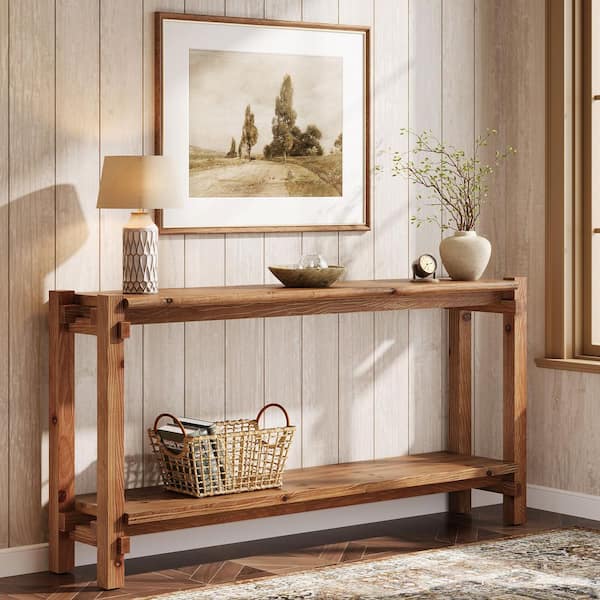 Turrella 63 in. Rustic Brown Rectangle Solid Wood Console Table with 2-Tier for Storage, Narrow Long Sofa Table