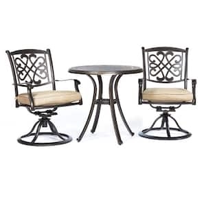 Black Gold 3-Piece Cast Aluminum Round Outdoor Bistro Set with Glider Chairs Cushion