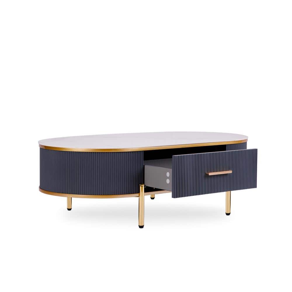 Elegant Oval Sintered Stone Coffee Table with Gold Accents and Storage