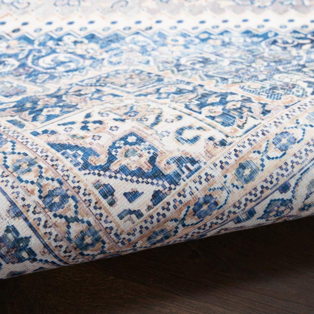 Beige Blue Floral Synthetic Flatweave Runner Rug