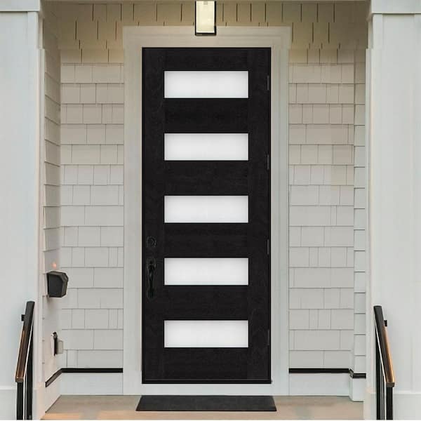 Regency 36 in. x 96 in. 5 L Modern Frosted Glass LHOS Onyx Stained Fiberglass Prehung Front Door