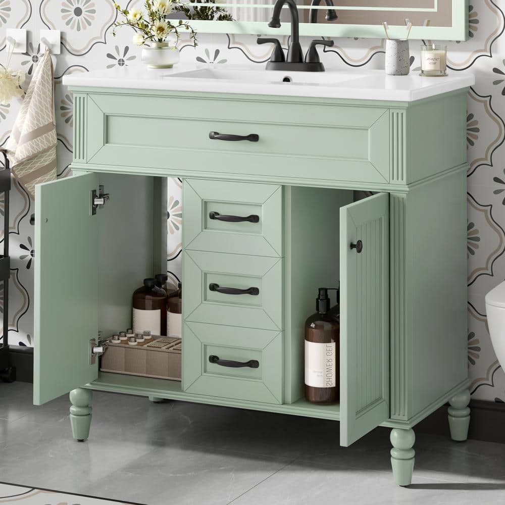 36 in. W x 18.4 in. D x 34.3 in. H Freestanding Bath Vanity in Green with White Ceramic Top(Unassembled) price history on PriceWatchPro