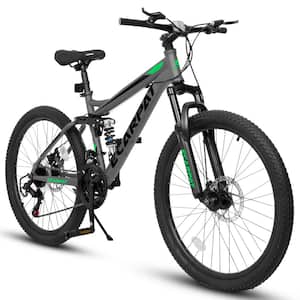 26 Inch Gray 21-Speed Full Suspension Mens Womens Trail Commuter City Mountain Bike