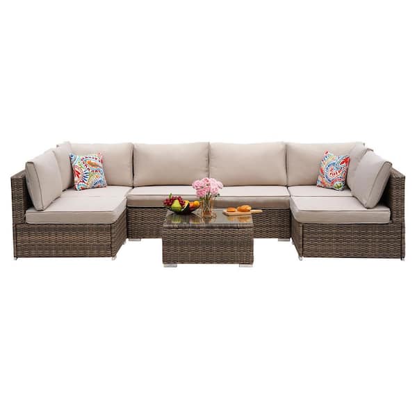 Sudzendf Brown 7-Piece Wicker Outdoor Sectional Set with Beige Cushion and Glass Coffee Table