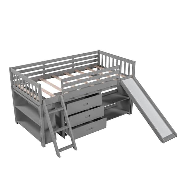 Low Gray Twin Size Loft Bed with Slide, Attached Bookcases and Separate 3-Tier Drawers