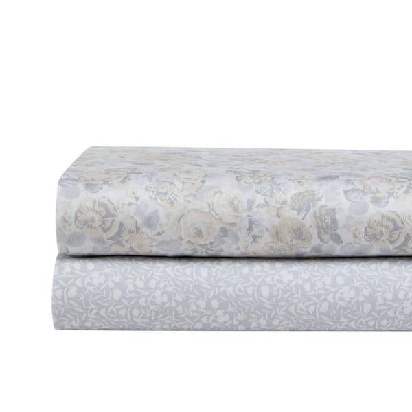 Laura Ashley Quartet 4-Piece Gray Floral Cotton King Sheet Set