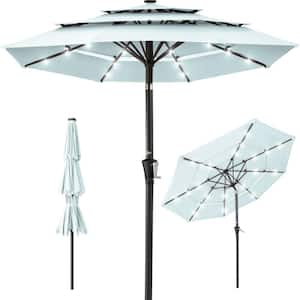10 ft. Steel Market Solar Tilt Patio Umbrella with 24 LED Lights, Tilt Adjustment, Easy Crank in Baby Blue