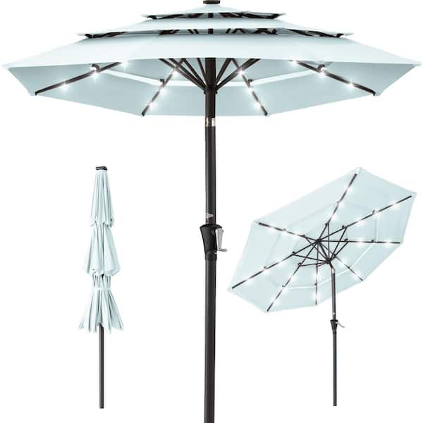 Best Choice Products 10 ft. Steel Market Solar Tilt Patio Umbrella with 24 LED Lights, Tilt Adjustment, Easy Crank in Baby Blue