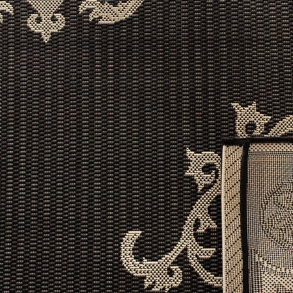 Black and Sand Floral Synthetic Outdoor Runner Rug