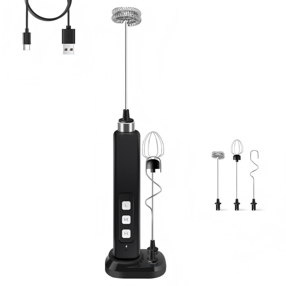 Black Rechargeable Electric Milk Frother, 3-Speed Adjustable, with Charging Base, 3-Detachable Stainless Steel Whisks