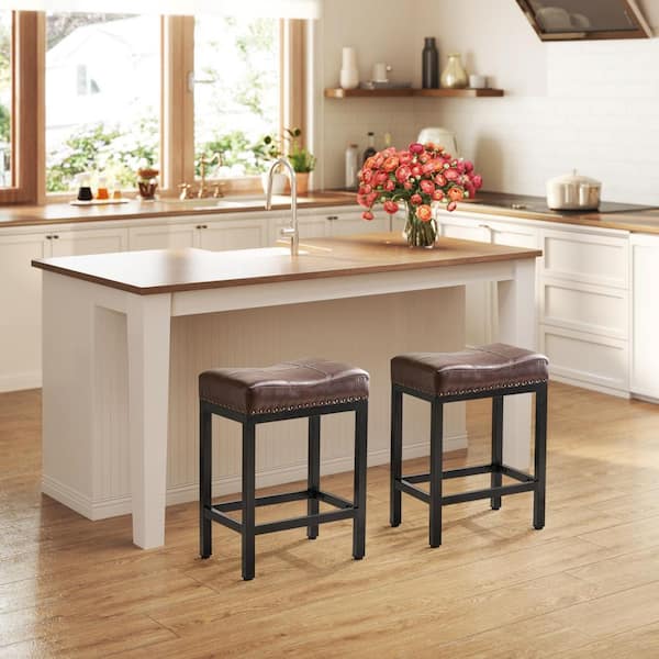 WONDER COMFORT 24 in. H Brown Upholated PU Leather Thick Saddle Seat Counter Bar Stools Set of 2, Kitchen Chairs with Metal Base
