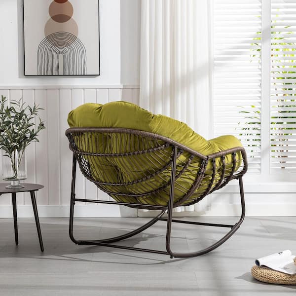 Rattan Metal Outdoor Rocking Chair with Olive Green Padded Cushion Lounge Chair for Front Porch, Patio, Living Room