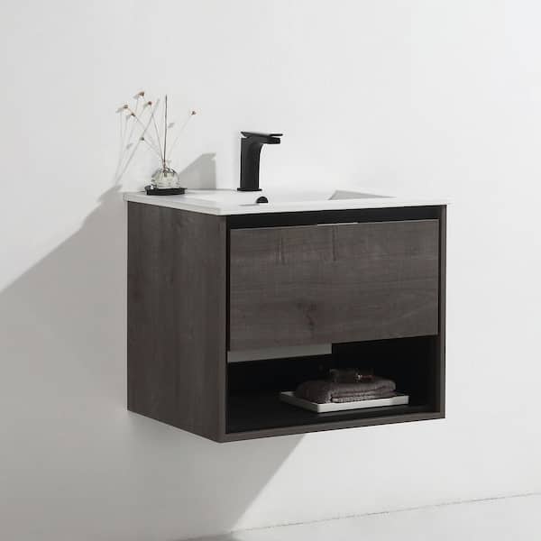 tunuo 24 in. W x 18.3 in. D x 20.3 in. H Wall Mount Bath Vanity in Plaid Gray with White Ceramic Top with White Basin