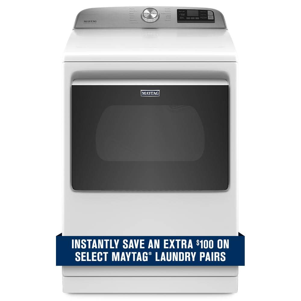 Maytag 7.4 CU. Ft. 240-Volt Smart Capable White Electric Vented Dryer with Hamper Door and Steam, ENERGY STAR