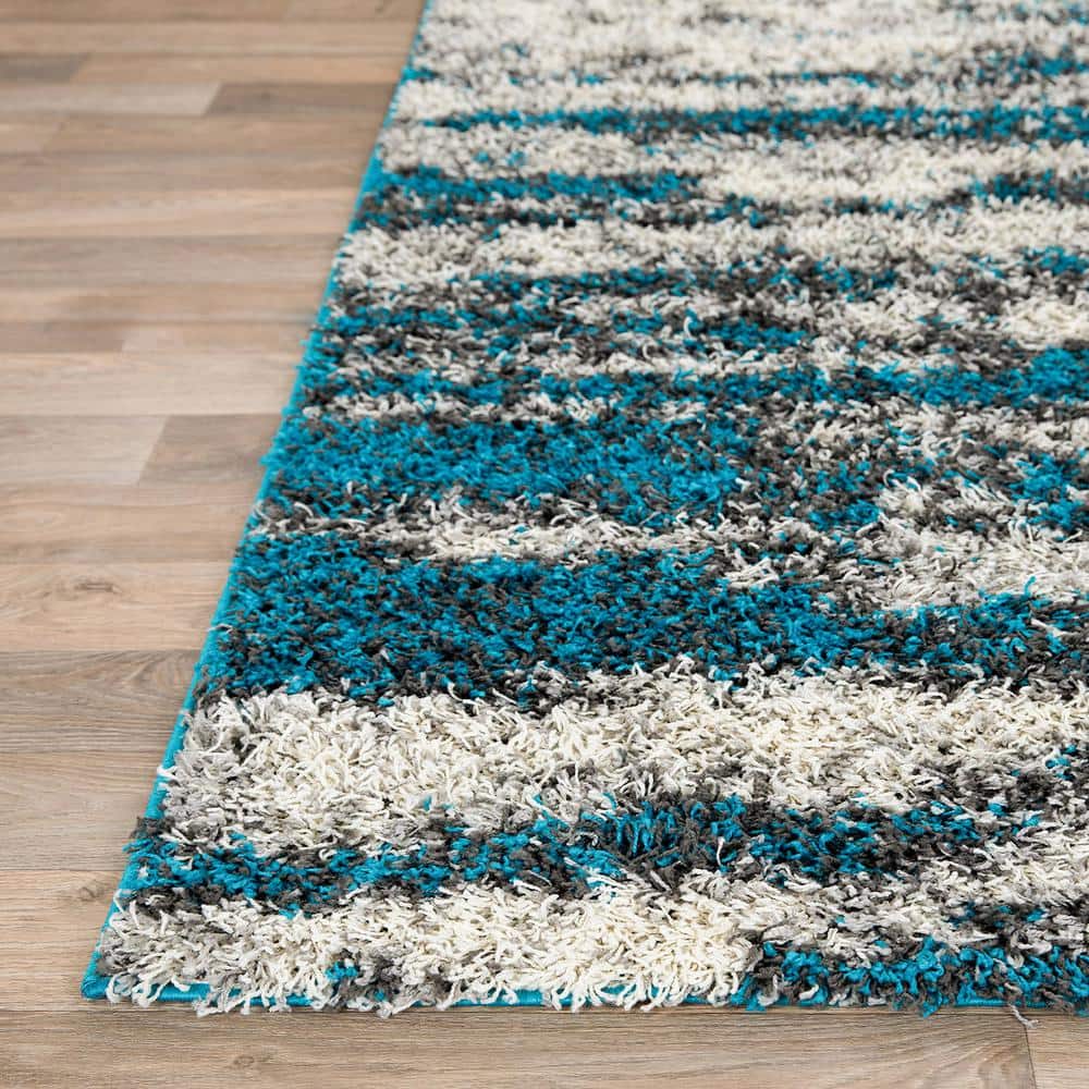 Turquoise Shag Abstract 5' x 7' Easy-Care Synthetic Area Rug