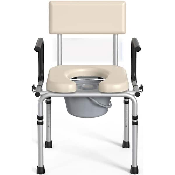 Adjustable Height 22.05 in. x 20.47 in. Drop Arm Bedside Commode in Beige w/ Padded Seat and Backrest 400 lbs. Capacity