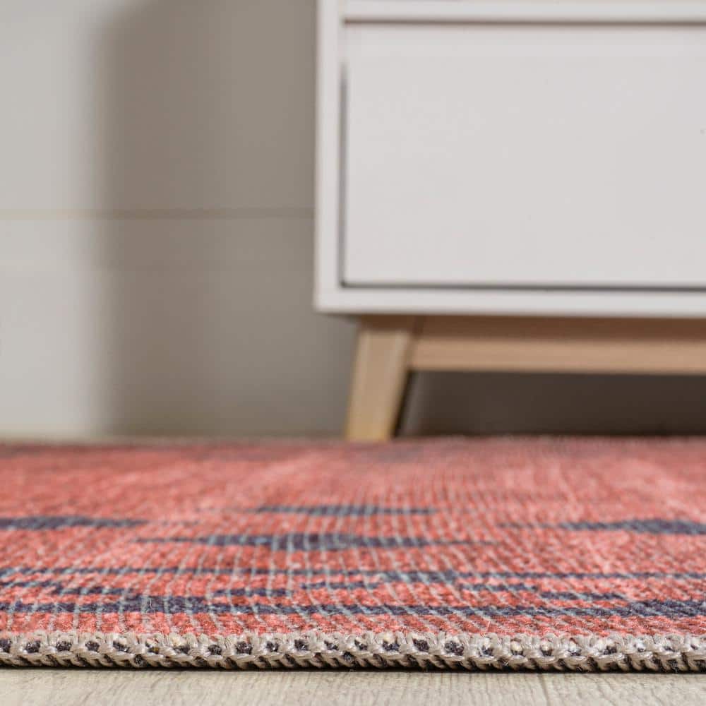 Korsa Red and Dark Gray Geometric 9' x 12' Washable Area Rug