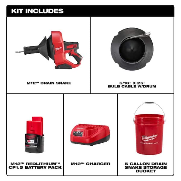 Milwaukee 2571-21 M12 Cordless Lithium-Ion Drain Snake Kit with Bucket for sale online 