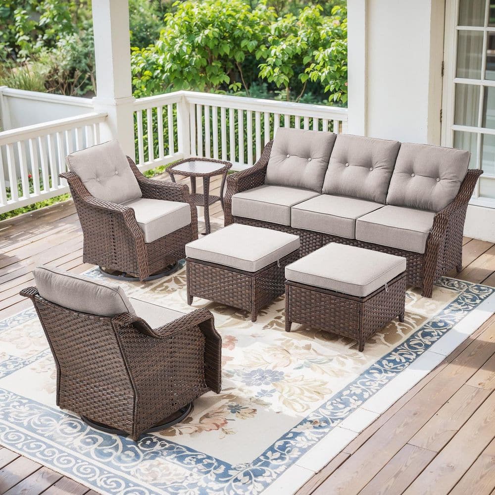 Henn Brown 6-Piece Wicker Patio Conversation Set with Swivel Rockers, Outdoor Sofa Seating Set with Beige Cushions price history on PriceWatchPro
