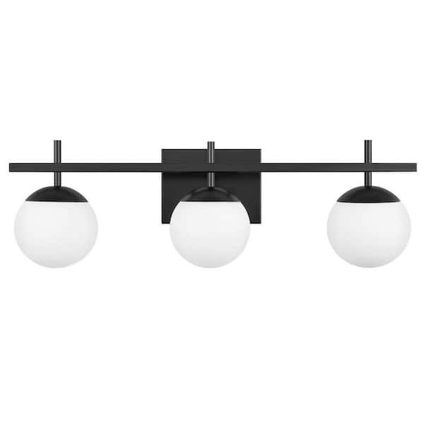 23.6 in. 3-Light Black Vanity Light with White Frosted Glass Shades