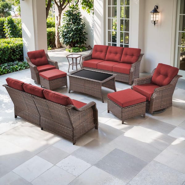 Artisan Brown 8-Piece Wicker Patio Conversation Set with Swivel Rockers, Sofa Seating Set with Olefin Red Cushions