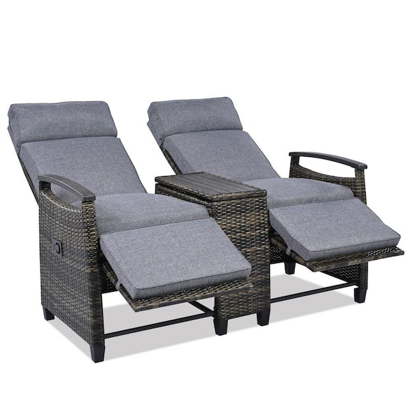 Gray Wicker Outdoor Recliner Loveseat Chair with Acacia Armrests, Storage Table and Cushions