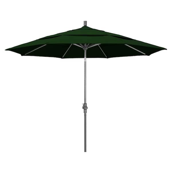 California Umbrella 11 ft. Hammertone Grey Aluminum Market Patio Umbrella with Crank Lift in Hunter Green Pacifica
