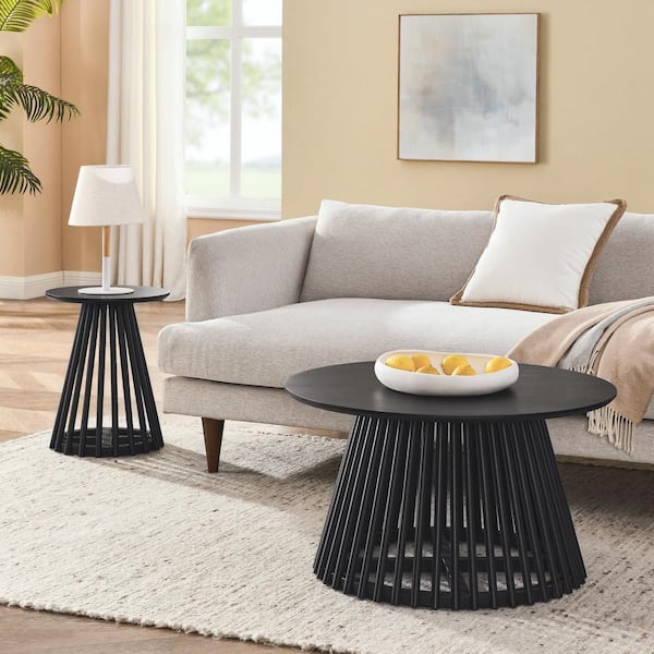 Zeus & Ruta 15.75 in. Diameter x 19.7 in. Solid Wood Round Coffee Table in  Black For Living Room HWB-748