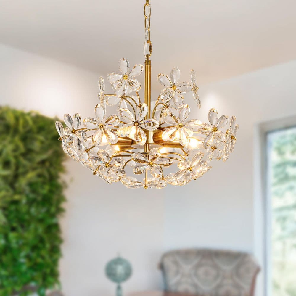 6 Light Gold Crystal Flower Chandelier