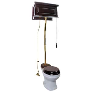 Cornish High Tank Toilet 2-Piece 1.6 GPF Single Flush Round Bowl in White Dark Oak Tank and Brass Pipe Seat Not Included