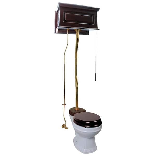 RENOVATORS SUPPLY MANUFACTURING Cornish High Tank Toilet 2-Piece 1.6 GPF Single Flush Round Bowl in White Dark Oak Tank and Brass Pipe Seat Not Included